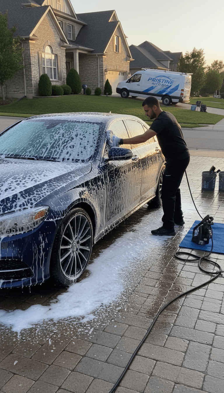 Detailer washing a car with foam in a driveway