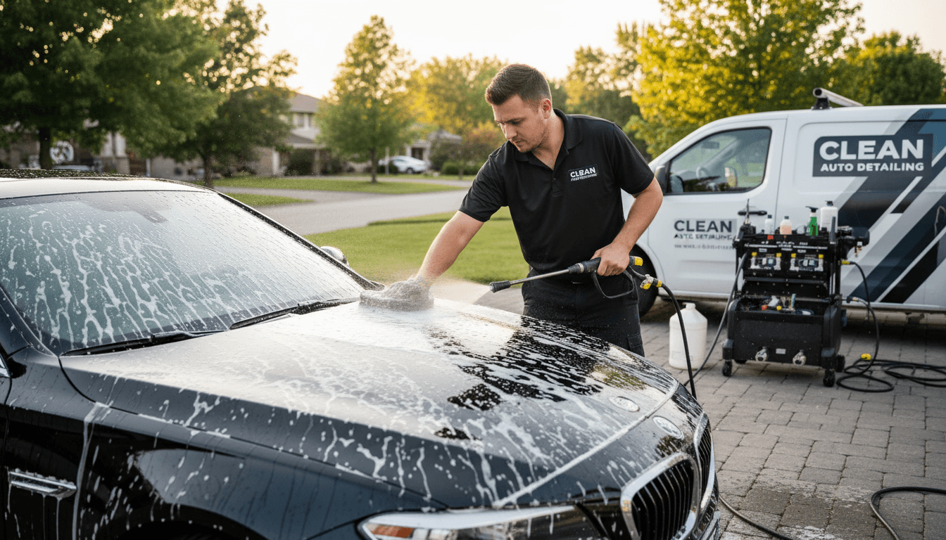 Professional mobile auto detailer hand washing a black car with foam in a residential driveway