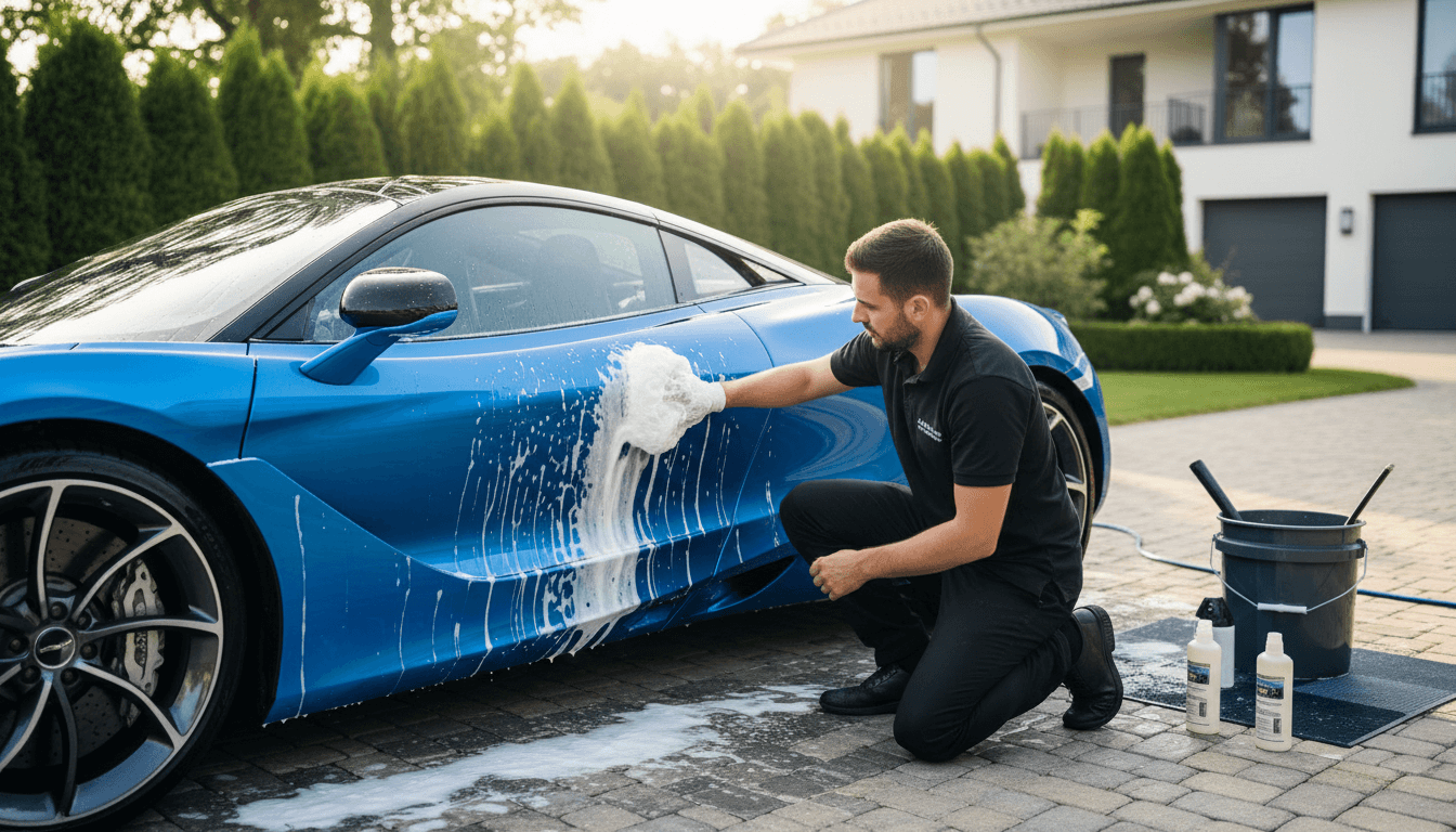 Detailer hand washing a car with a foam mitt in a residential driveway