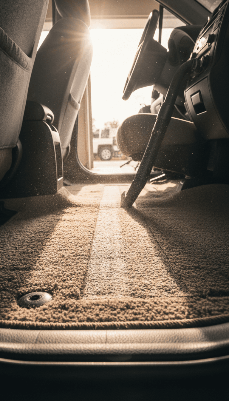 Shop vac leaving a clean line across a car floor mat inside doorway