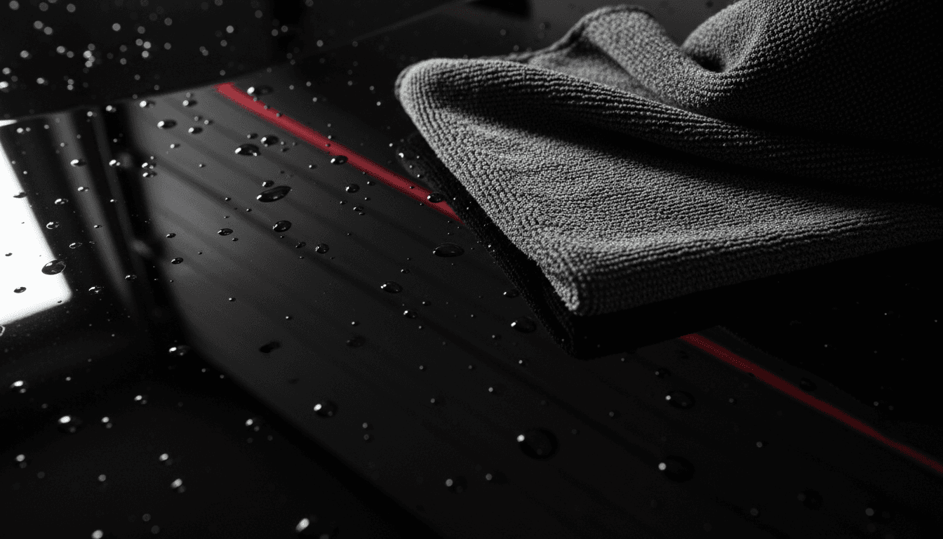 Microfiber cloth on a freshly waxed black car hood, water beading on the surface