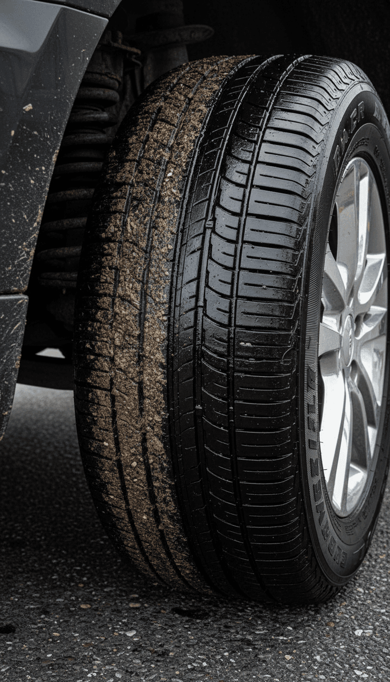 SUV tire before and after: dirty wheel well next to clean dressed tire