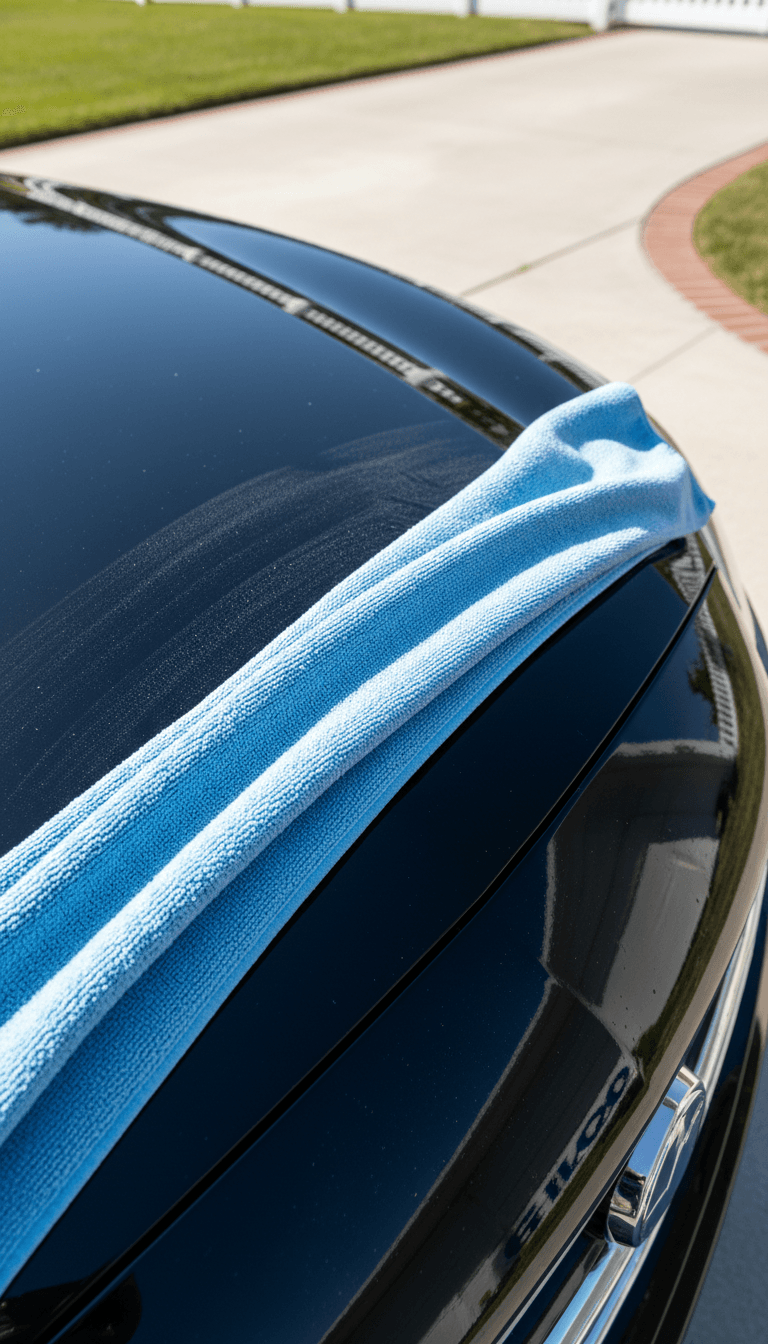 Microfiber cloth wiping across a car hood, half dusty half mirror-shiny