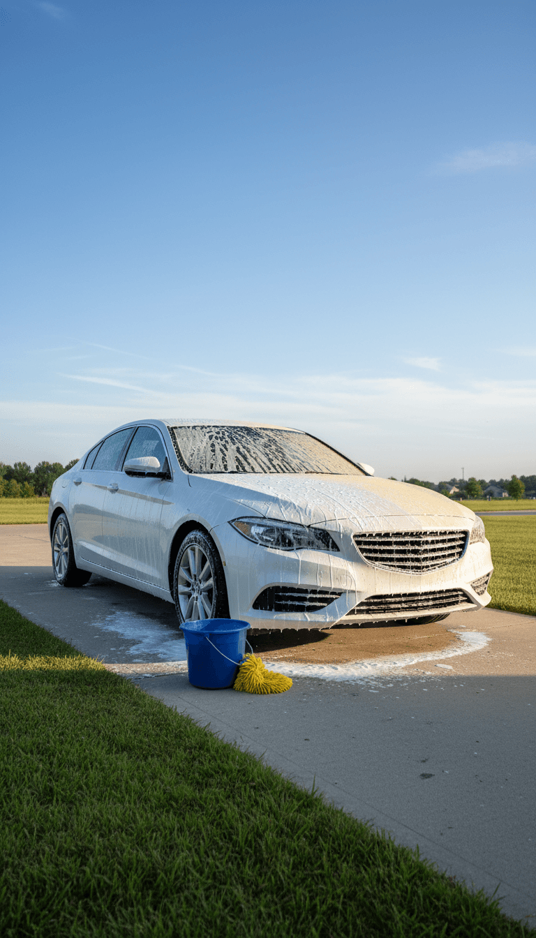 White sedan half dusty half foamy being hand washed on a driveway