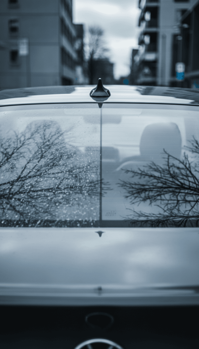 Car rear window half clean half water spotted, reflection sharp on one side