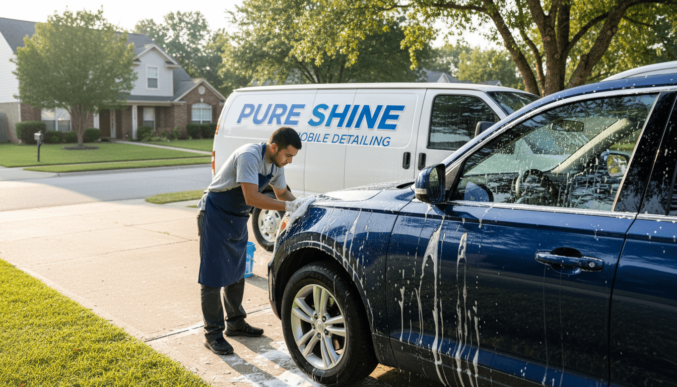 Mobile detailing technician hand-washing an SUV in a residential driveway