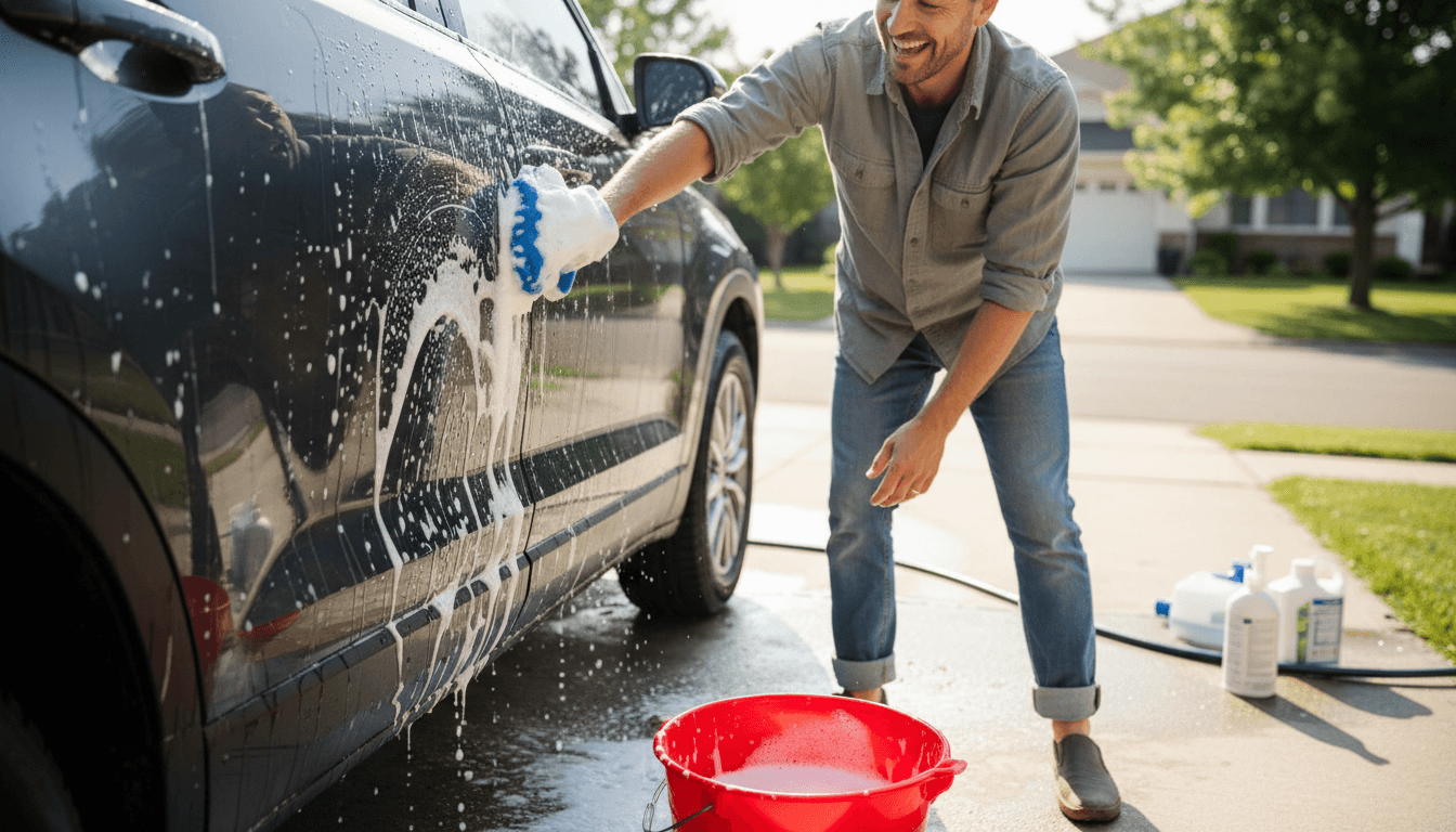Professional detailer hand washing a dark SUV in a residential driveway with a microfiber mitt